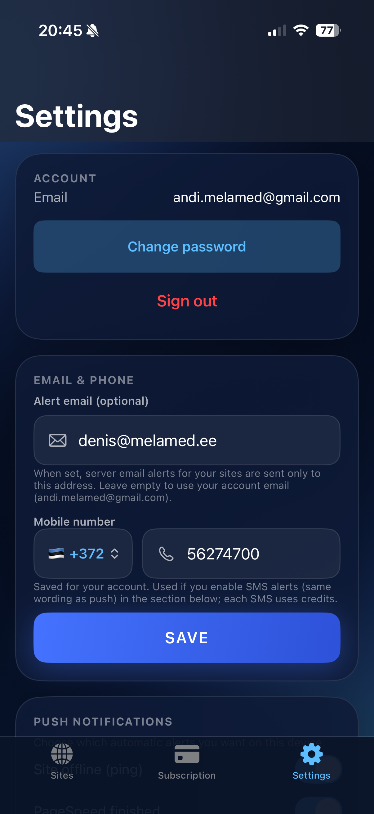 WP Pulse on iPhone: sites list showing each WordPress property at a glance.