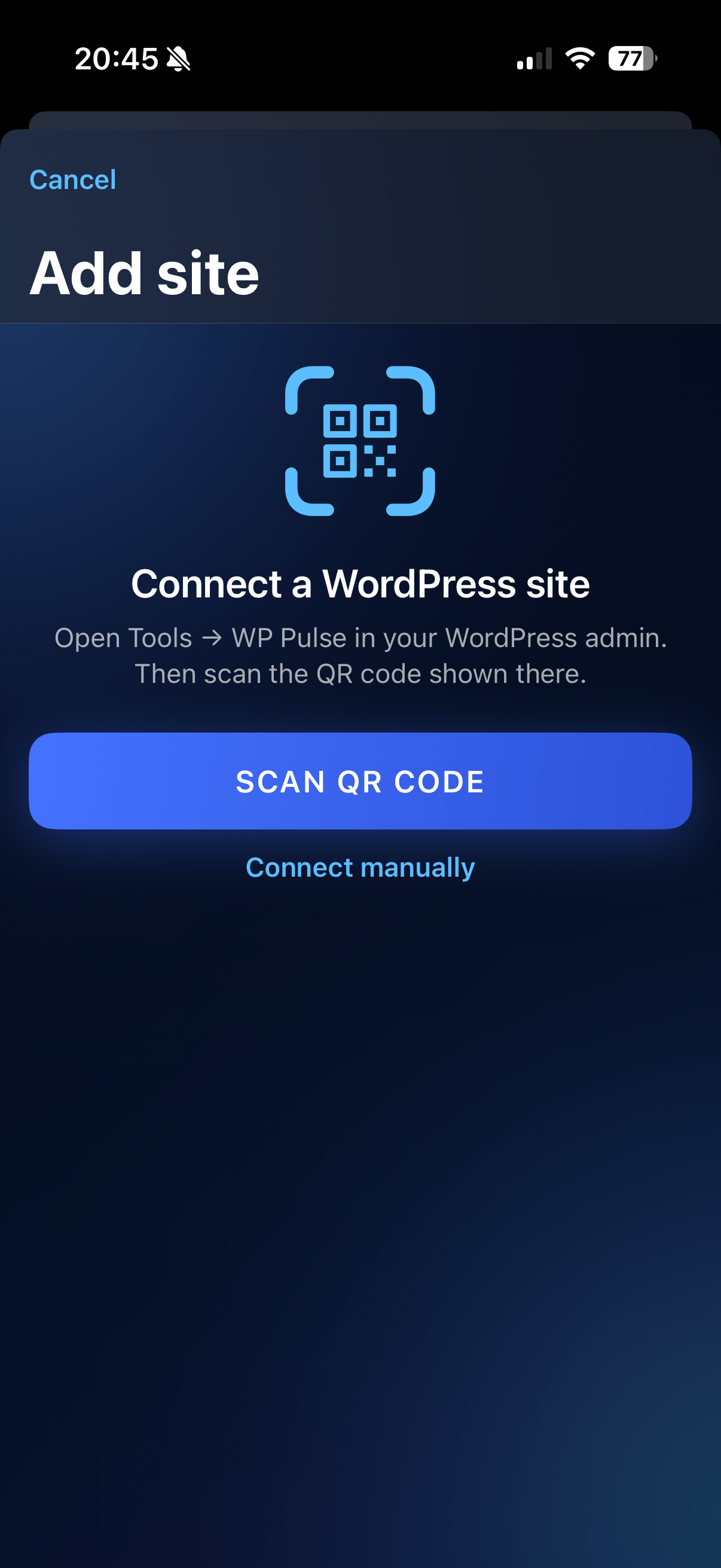 WP Pulse on iPhone: site overview with status and health summary.