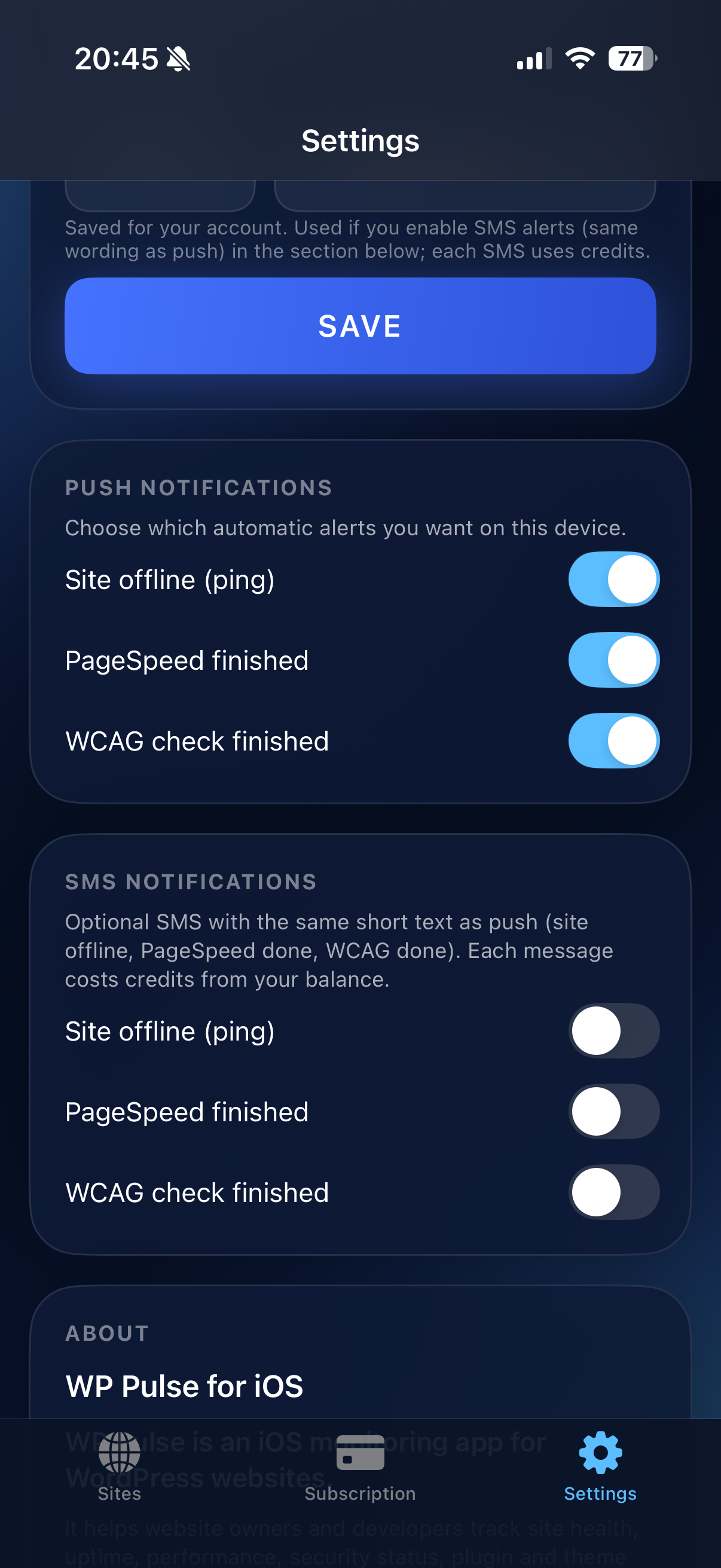 WP Pulse on iPhone: detailed health and monitoring information for one site.