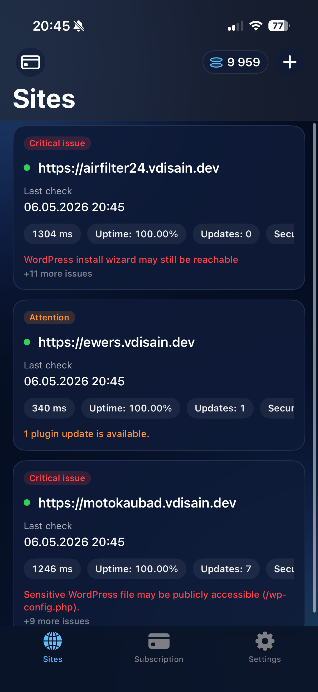 WP Pulse on iPhone: updates or security related screen.