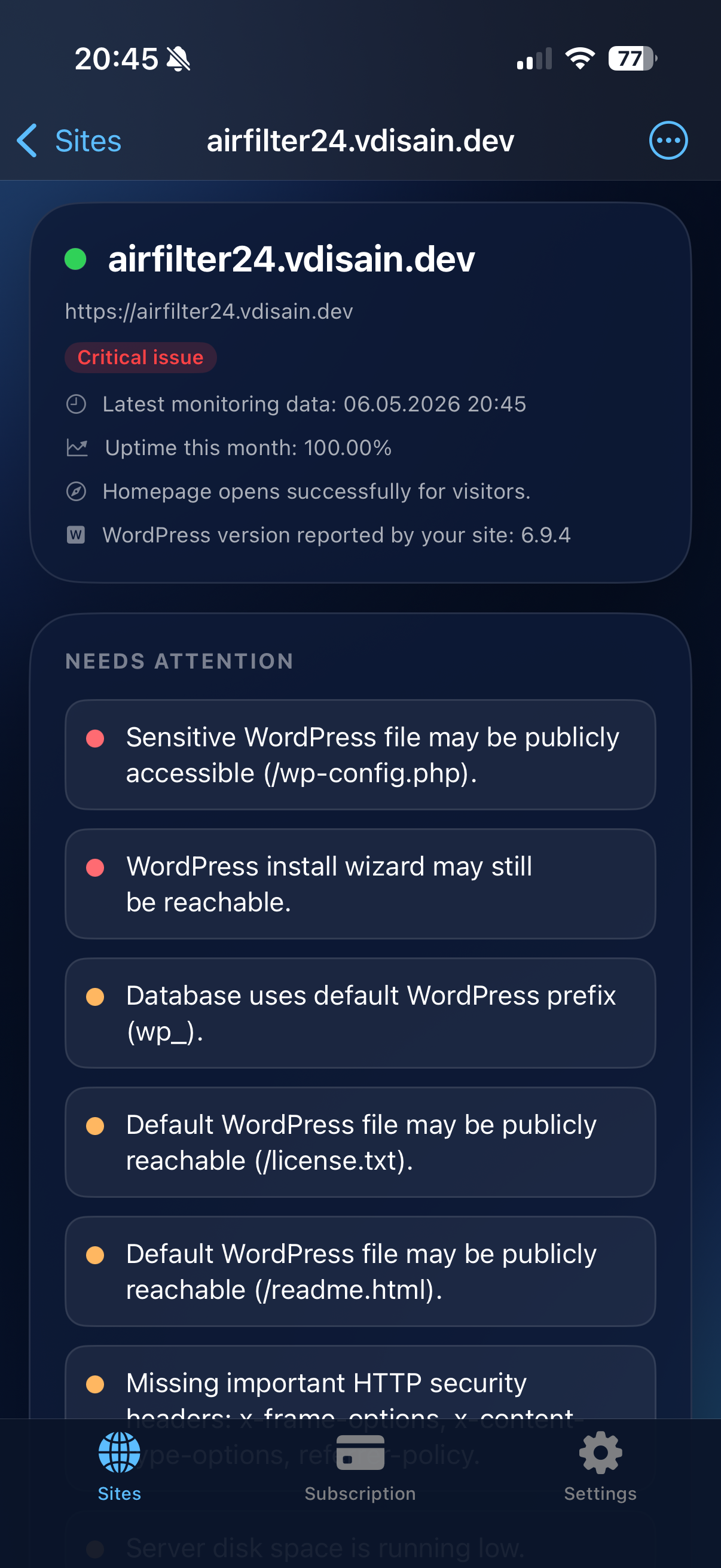 WP Pulse on iPhone: settings, account, or subscription options.